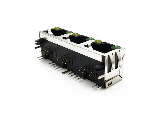 Generic 10PCS RJ45 Connector 8P8C Shielded With Shrapnel LED 3 Ports DIP 56LED-S Network Interface For PCB