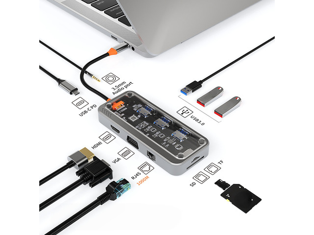 usb c hub 10 in 1 docking station Type-C to PD Video Output USB3.0*3 SD TF ethernet RJ45 1000M VGA AUDIO3.5mm For Type-C Laptop
