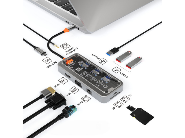 USB C Docking Station to Video Output 4K@30Hz Display 5Gbps USB C 3.0 HUB 100W PD SD/TF for Type-C Laptop Type-C Phone PC