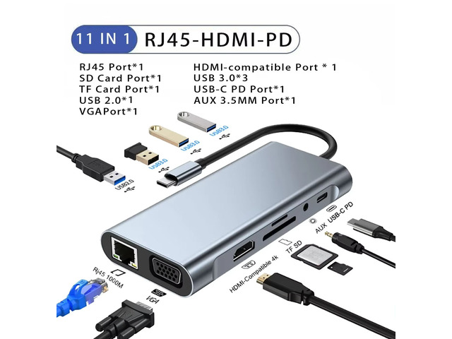 USB C HUB 11-in-1 Docking Station USB 3.0 Adapter Type C to Video Output VGA PD RJ45 1000M Network Adapter for Laptop Type-C Laptop