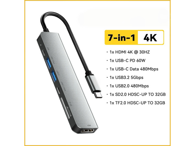 7 In 1 USB C Hub PD60W Fast Charging Splitter Video Output High Speed Splitter 5Gbps for PC USB 3.2 Gen1 2.0 Ports