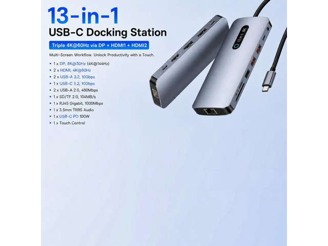 13 in 1 USB C Docking Station 8K DP Triple Display Dual 4K Video Output USB 3.2 HUB One Touch Screen Off for Type-C Laptop Windows