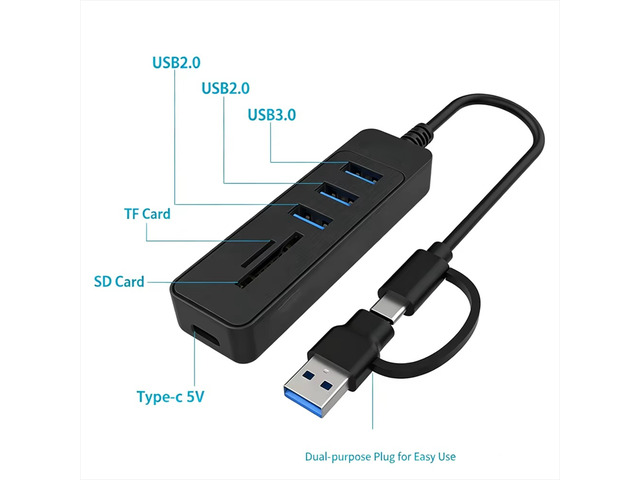 6 Ports USB Splitter Expander USB 3.0 HUB Type C Power Port 5Gbps High Speed Hub TF SD Reader Card Docking Station