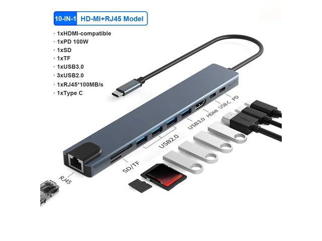10 in 1 USB C HUB 4K30Hz Docking Station Type C to Video Output RJ45 Ethernet PD100W for Type-C Laptop Type-C Phone Phone