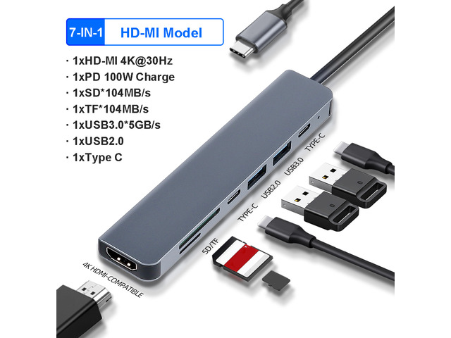 8IN-1 Type C HUB USB 3.0 to RJ45 100/1000Mbps 4K 30HZ Docking Station Video Output Ethernet Adapter VGA SD/TF Extender PD 87W For Laptop