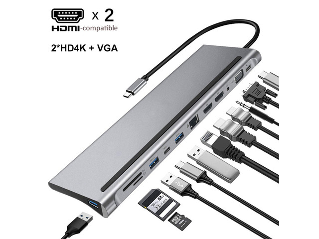 12-in-1 MST USB C Docking Station Hub Multi 3.0 CType A Video Output DP Concentrator Extension RJ45 Adapter Dock Laptop