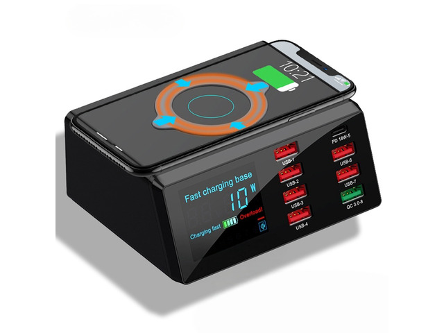 100W USB C Wireless Charger Smart LED Display 8-Port Docktop Type C PD Fast Charger Station for Type-C Phone