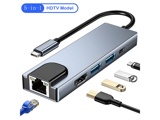 Type-C To 5Ports Docking Station Video Output 4K/RJ45 100M Splitter USB 3.0 5Gbps High Speed USB C 5 in 1 HUB Adapter For Laptop Type-C Laptop