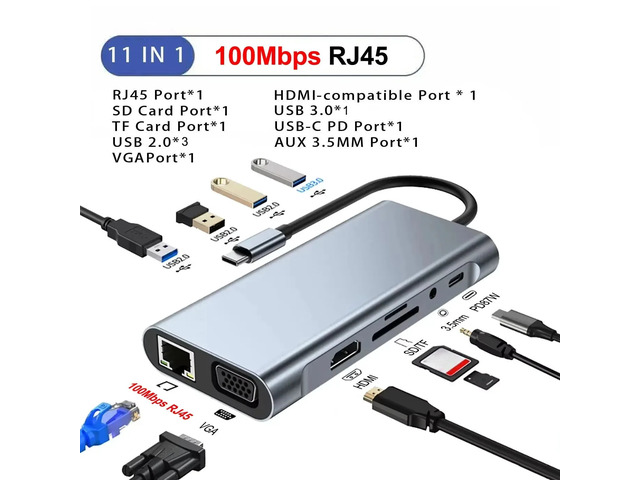 USB C Docking Stations 11-in-1 USB C HUB Type C to 4K Video Output Adapter USB 3.0 Splitter with PD/RJ45/3.5mm/TF/SD For Laptop Type-C Laptop