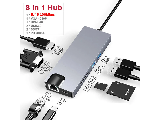 Gigabit Ethernet USB C HUB VGA Video Output Dual Video Docking Station Type C to Video Output PD100W SD TF Card Reader for PC Type-C Laptop