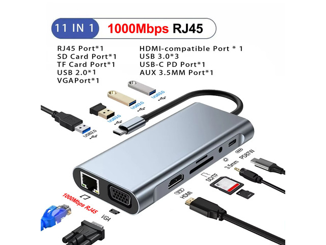 11-in-1 Type-C Docking Station USB 3.0 HUB USB C Splitter Type C to 4K Video Output VGA PD RJ45 1000M Network Adapter for Laptop Type-C Laptop
