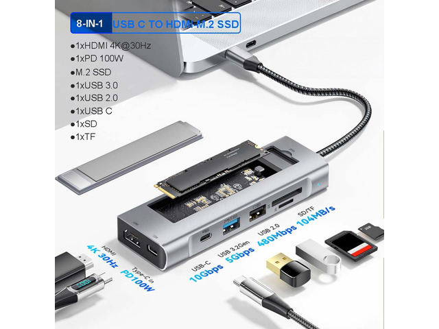 12-in-1 M.2 SSD Enclosure Hub USB C Docking Station USB HUB TYPE C to Video Output Adapter 4K60Hz 1000Mbps PD100W USB3.0 For Type-C Laptop