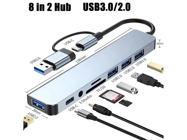 Type-C HUB 8 in 2 USB With Splitter Card Reader USB-C Port USB 3.0 / 2.0 SD/TF Splitter Card Reader Docking Station for Type-C Laptop