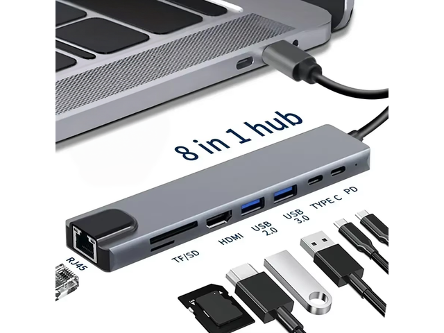 USB C HUB 8 in 1 Type C Adapter with 4K Video Output 87W PD USB Docking Station RJ45 for Phone Type-C Laptop Laptop Pad Card Reader