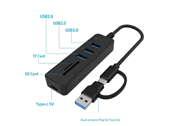 6-in-2 USB 3.0 HUB USB C Docking Station USB Splitter 5Gbps High Speed OTG Adapter SD TF Slot for PC Laptop Type-C Laptop