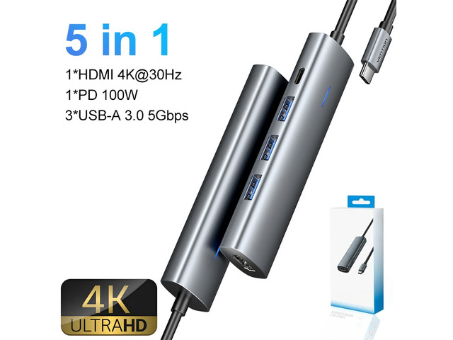 5 in 1 USB C 4K 60Hz Video Output HUB USB 3.0 HUB PD 100W Multiport Docking Station Adapter for Type-C Laptop Type-C Phone Type-C Phone Android
