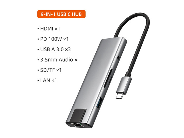 9 in 1 USB C Hub Adapter 4K Splitter RJ45 Video Output SD TF Card Reader PD 100W Docking Station for Type-C Laptop Type c hub