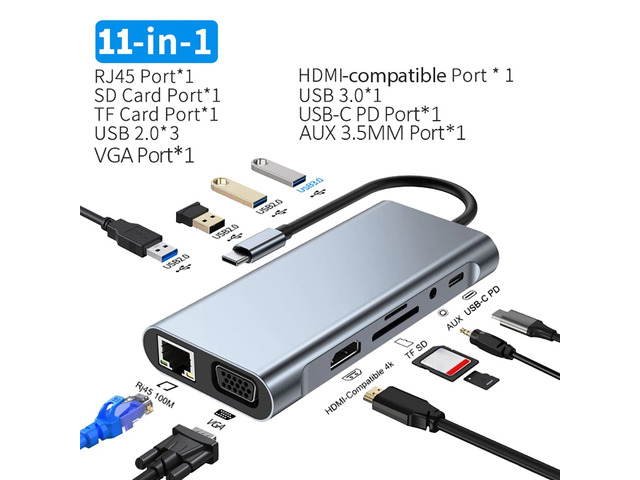 11-in-1 USB C Hub Video Output VGA Dual Video Output 4xUSB Ports Hub USB C Docking Station USB Splitter For PC Laptop Type-C Laptop