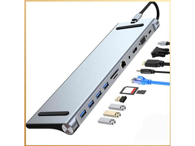 11 in 1 USB C Hub Triple Display with 4K Video Output VGA Ethernet USB C Dock for Type-C Laptop