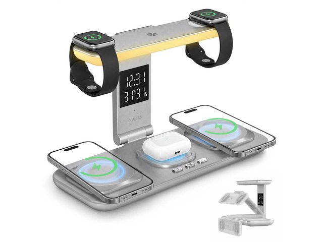 5 in 1 Foldable Wireless Charger Touch Night Light Clock Temp Humidity for Type-C Phone Watch AirPods Travel Charging Station
