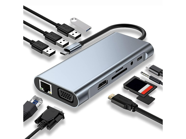 USB C 11 in 1 Docking Station with 4K UHD+VGA+PD+USB+RJ45 Ethernet+SD/TF Card Reader+3.5mm AUX Compatible with Type-C Laptop
