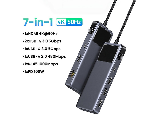 7-in-1 USB HUB Type-C to 4K60Hz Video Output USB3.0 5Gbps RJ45 1000Mbps for Type-C Laptop Laptop Accessories Docking Station