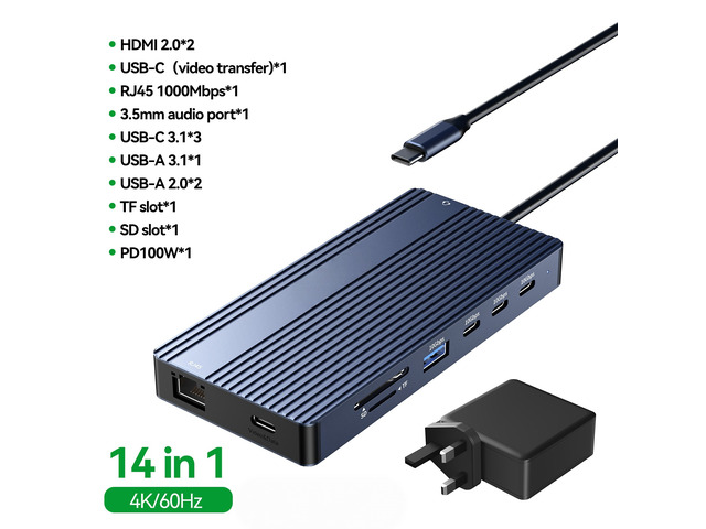 14 in 1 USB-C Docking Station Triple Display 4K60Hz Video Output DP PD100W 10Gbps Hub for Type-C Laptop Laptop Workstation Setup
