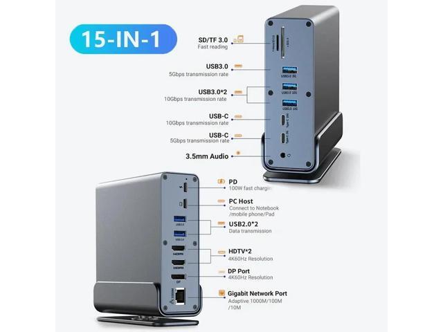 15 in 1 USB C Docking Station 4K HD Vertical Hub with Triple Monitor RJ45 1000M,USB 3.0/2.0,PD,SD/TF,Audio 3.5 for Laptop PC