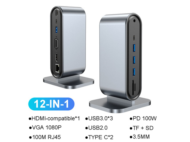12-in-1 USB C Docking Station TYPE C to Video Output Adapter 4K HD PD 100W VGA RJ45 3.5mm SD TF USB 3.0 Splitter for Laptop Type-C Laptop