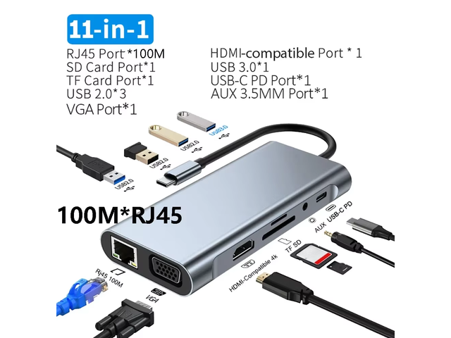 USB C Hub Triple Display Dual Monitor Adapter Laptop Hub USB C to 2 Video Output 4K VGA Ethernet 100W PD 4USB Audio for Type-C Laptop OTG