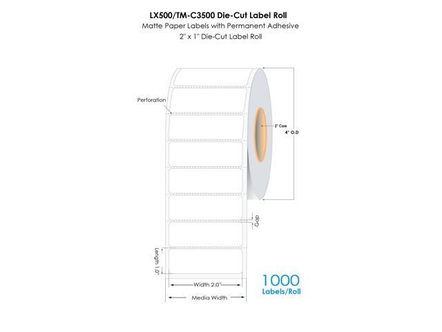 DuraFast LX500/TM-C3500 2'x1' Die Cut Matte Paper Label 1000/Roll, LX500 Labels, TM-C3500 Labels, CW-C4000 Inkjet Labels with Permanent Adhesive