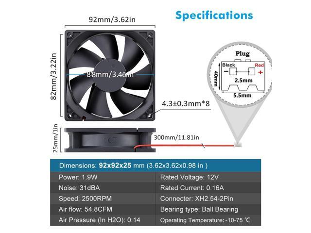 Wathai 9225 92mm x 25mm 12V DC Brushless Computer case Fan 12 Volt 2Pin Dual Ball for DIY Cooling Ventilation Exhaust Projects