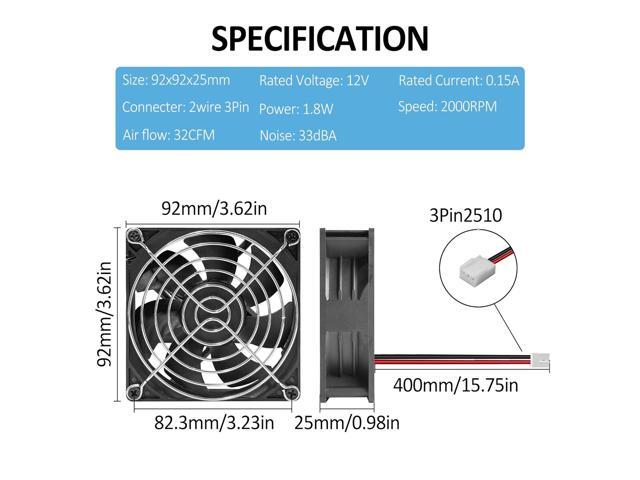 2 Pack 90mm 92mm 12V DC Computer PC Fan 2 Wire 3pin Cooling Fan for Computer Case Cooler 2000RPM
