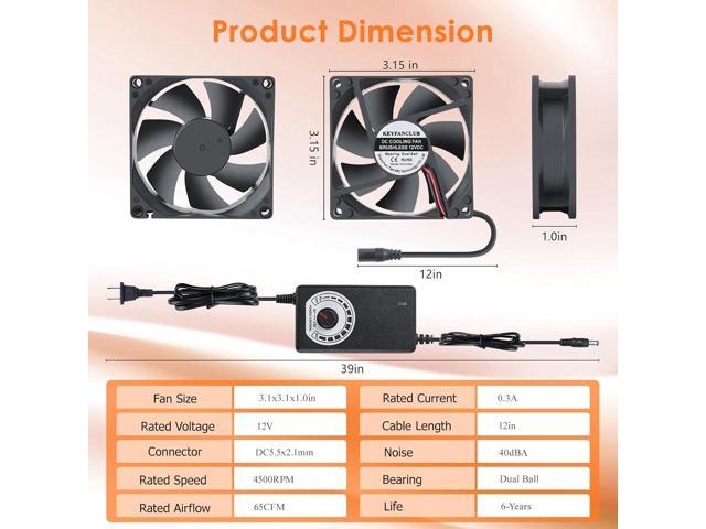 80mm Small Computer Fan with AC Plug, 110V 120V 220V 240V Fan with Speed Controller, Cooling for Gaming PC, Modem, Cabinet, Terrarium, Greenhouse