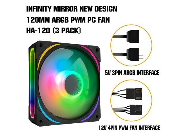 RGB Fans 120mm PWM Fans 3 Pack PC argb Fans, HA-120 pc pwm RGB Fans with 12v 4pin pwm and 5v 3pin argb Plug, Infinity Mirror ARGB Addressable...
