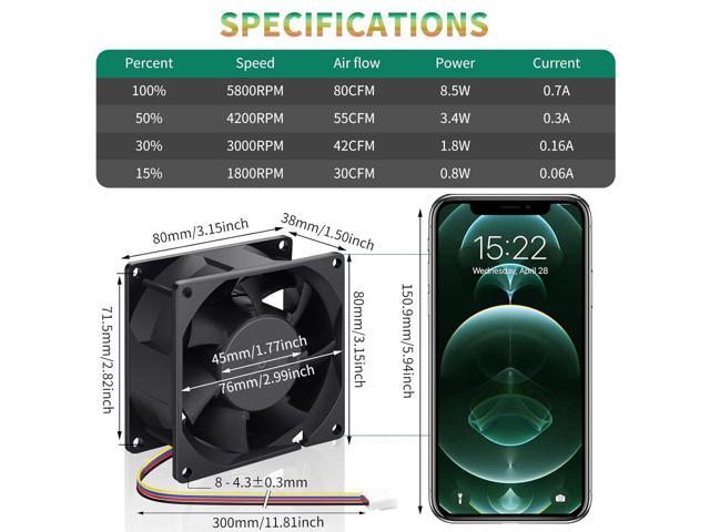 80mm x 38mm PWM 12V Big Airflow High Performance Fan High Static Pressure for Box Rack Exhaust Ventilation Cooling