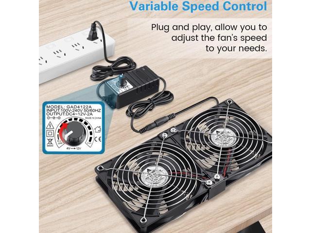 GDSTIME Big Airflow Dual 120mm Fans DC 12V Powered Fan with AC 110V - 240V Speed Control, Cabinet Chassis Cooling Fan, Server Workstation Cooling Fan