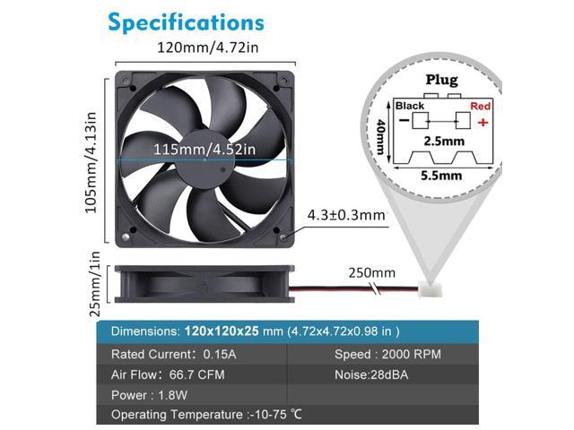 Wathai 120mm x 25mm 12V Computer Case Cooling Fan 12 Volt 2Pin High High Performance DC Fan 2 Pack