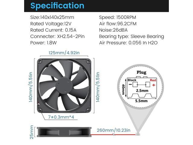 Wathai 140mm Case Fan 12V DC Brushless High Performance Cooling Fan 140x25mm