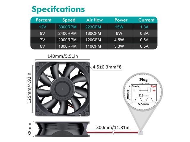 Wathai 140mm x 38mm 12V Dual Ball High Airflow 3000RPM DC Brushlss Cooling Computer Case Fan