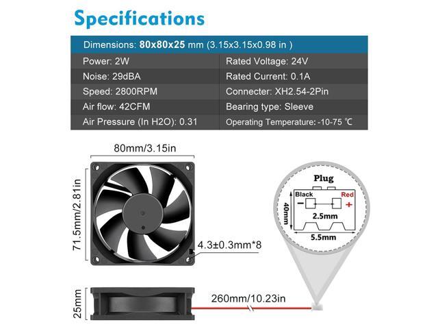 Wathai 80mm x 25mm 24V Brushless Computer Fan 2Pin 24vdc Small Square Fans for DIY Cooling Ventilation Exhaust Projects 2 Pack