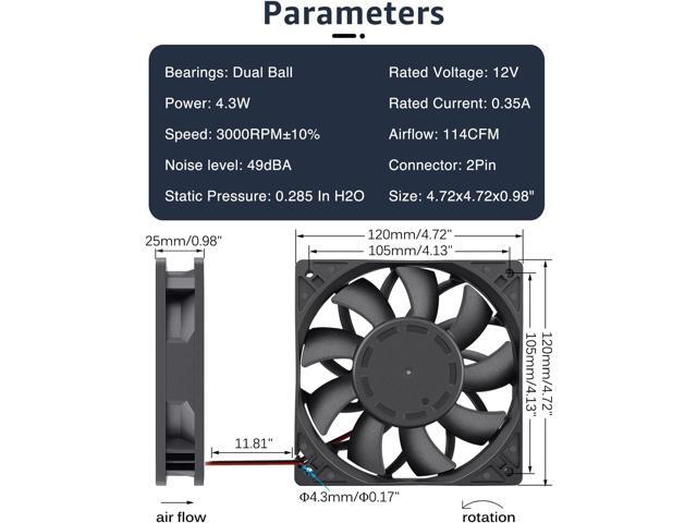 GDSTIME 120mm Case Fan, Increase Air Pressure Fan, 120mm x 25mm 12V Dc Brushless Cooling Fan Dual Ball Bearings Long lifespan