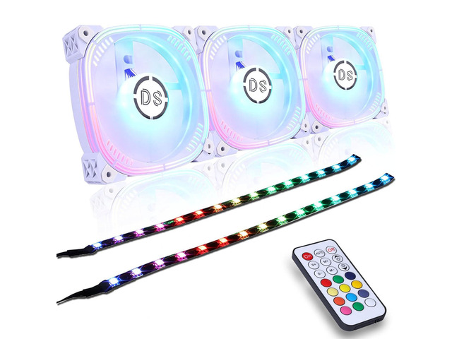 DS 120MM White PC Case Fans, RGB LED Fan with Controller for Computer Case, CPU Cooling, Radiators System(3Pack RGB Fans and 2Pack LED Strip with...