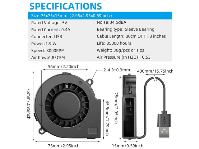 Wathai 75mm x 15mm Blower Fan 5V USB DC Brushless Turbo Small Computer Case Fan for Cooling Electronics, Hard Hat, Helmet, and DIY Projects