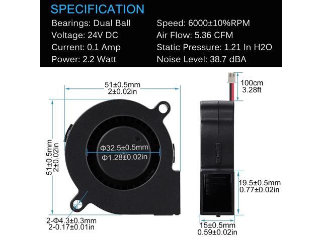 GDSTIME 2Pcs 50mm 5015 Blower Fan 24V Brushless Dual Ball Bearing Turbo Cooling 50x15mm 2Pin 39 inch Cable for 3D Printer Hotend Extruder