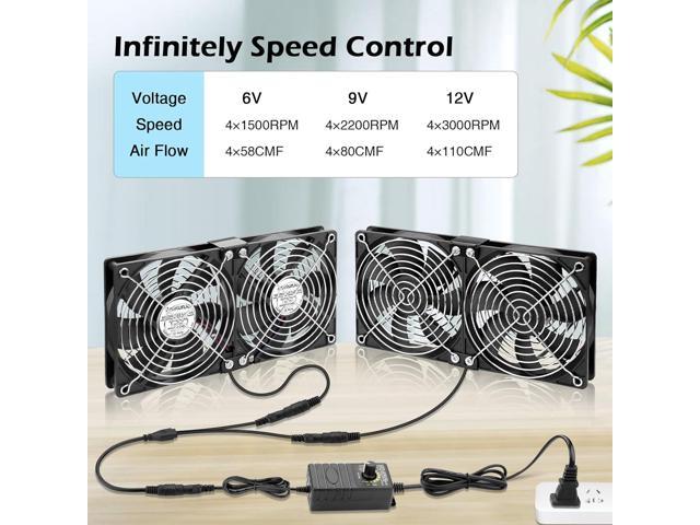 120mm x 4 Computer Fan with AC Plug Variable Speed 110V - 240V DIY Small Window Fan and for Mining Rig, AV Cabinets, Home Theater, Refrigerator,...