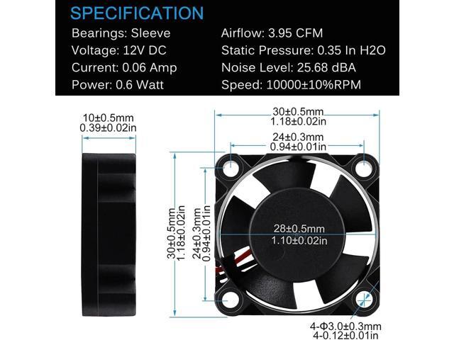 GDSTIME 30mm x 30mm x 10mm 1 inch Small 12V DC Brushless Cooling Fan 2-Pack