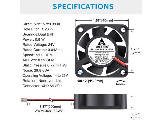 GDSTIME 2Pcs 40mm Fan 24V, Dual Ball Bearing 40x40x10mm Brushless DC Cooling Fan 2 Pin