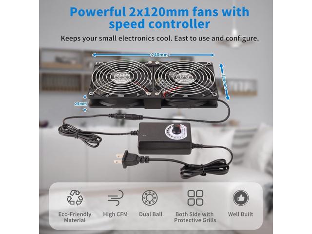Dual 120mm High CFM Computer Fans with AC Plug, AC 110V - 240V Variable Speed Fan, Cooling for Server Closet Cabinet Mining Machine Chassis...