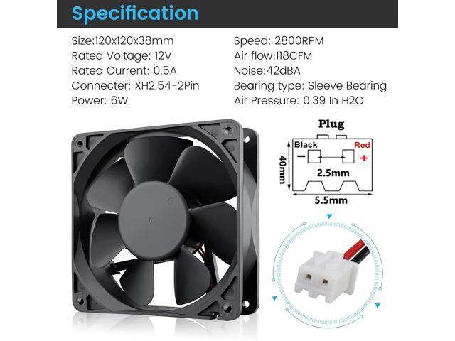Wathai 2Pin 120mm x 38mm Brushless Cooling Case Fan 12V 2pin DC High Airflow Cooler Fan